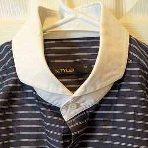 Dark Navy shirt with double white pin stripes and cutaway collar